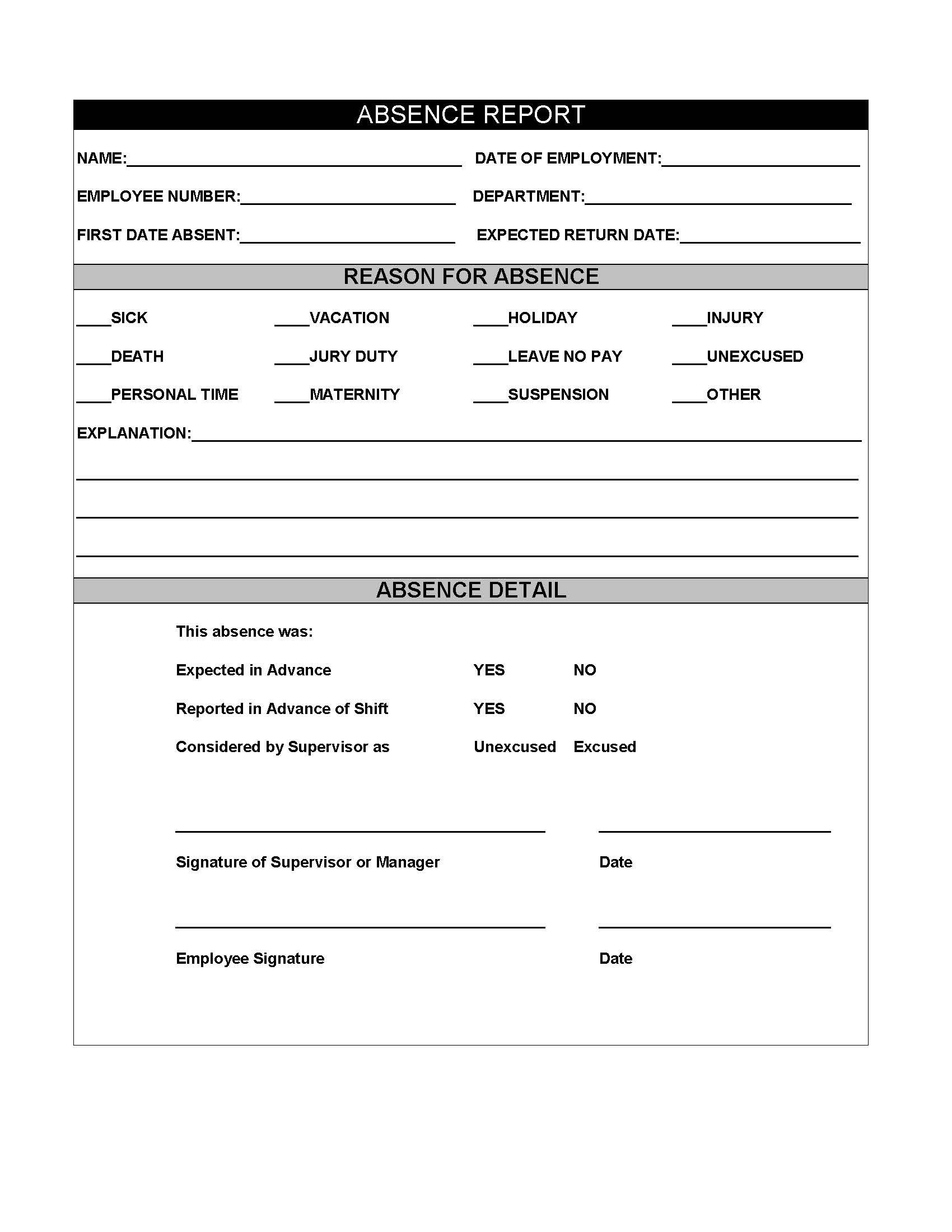 Restaurant Employee Absence Report Form 