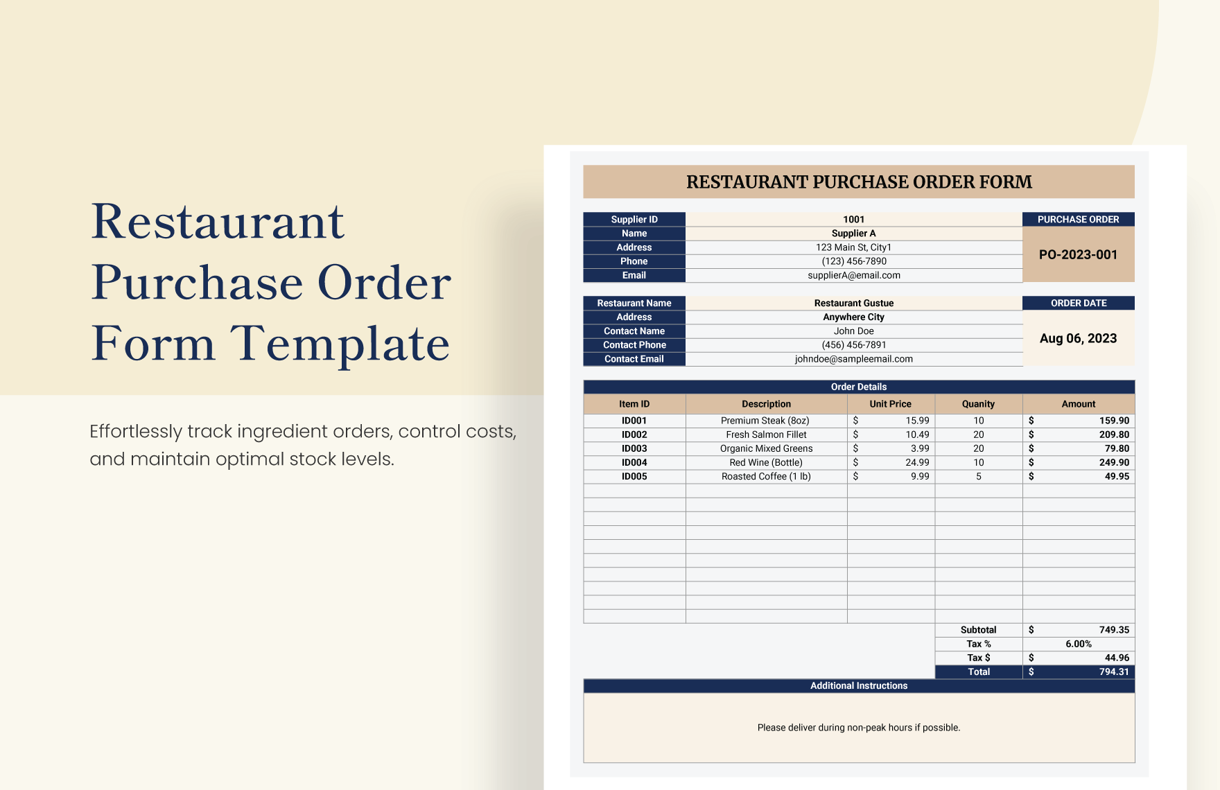 Restaurant Purchase Order Form Template In Excel Google Sheets 
