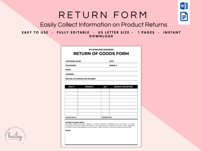 Return Of Goods Form Return Form Merchandise Return Form