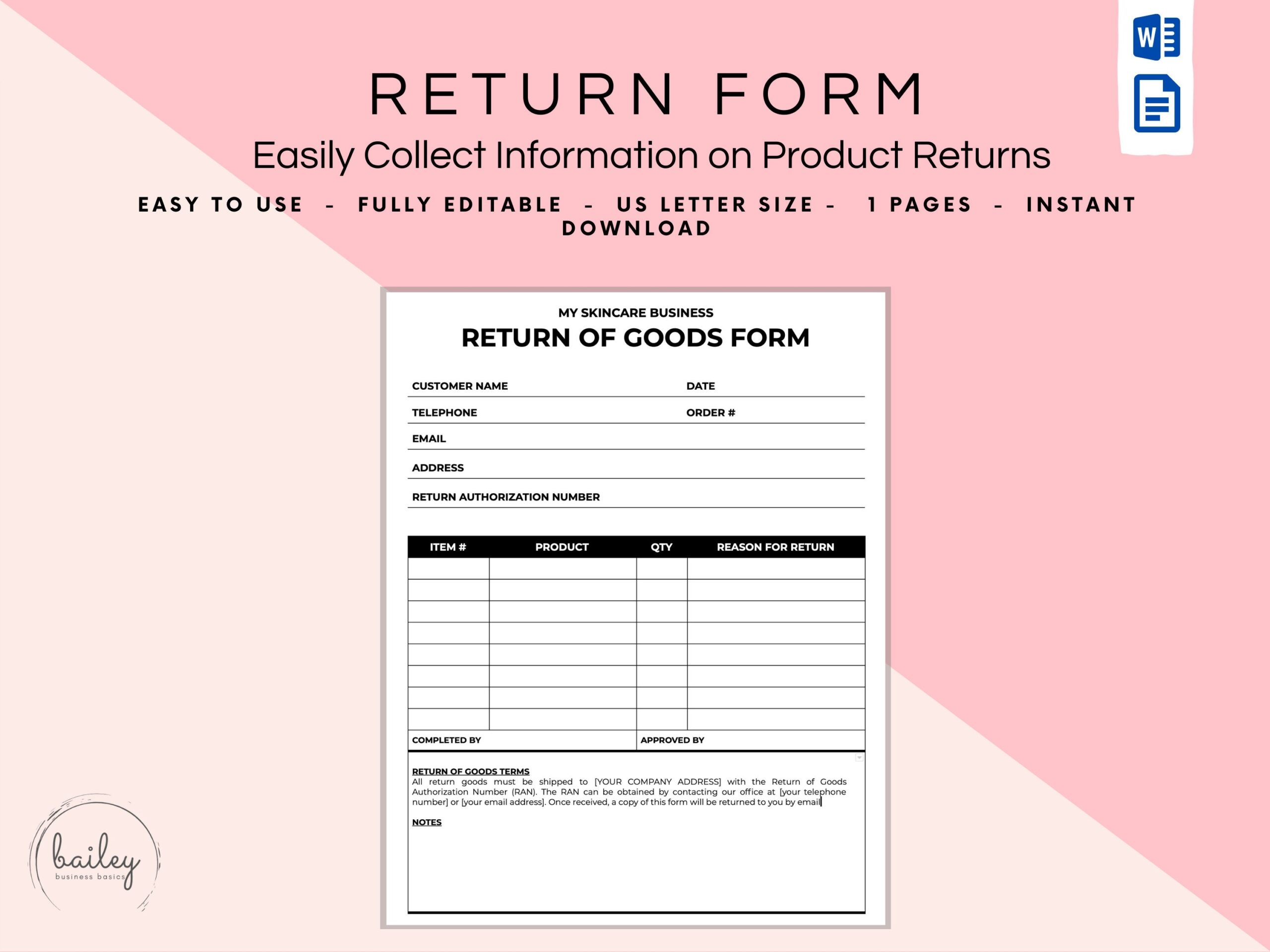 Return Of Goods Form Return Form Merchandise Return Form Etsy UK
