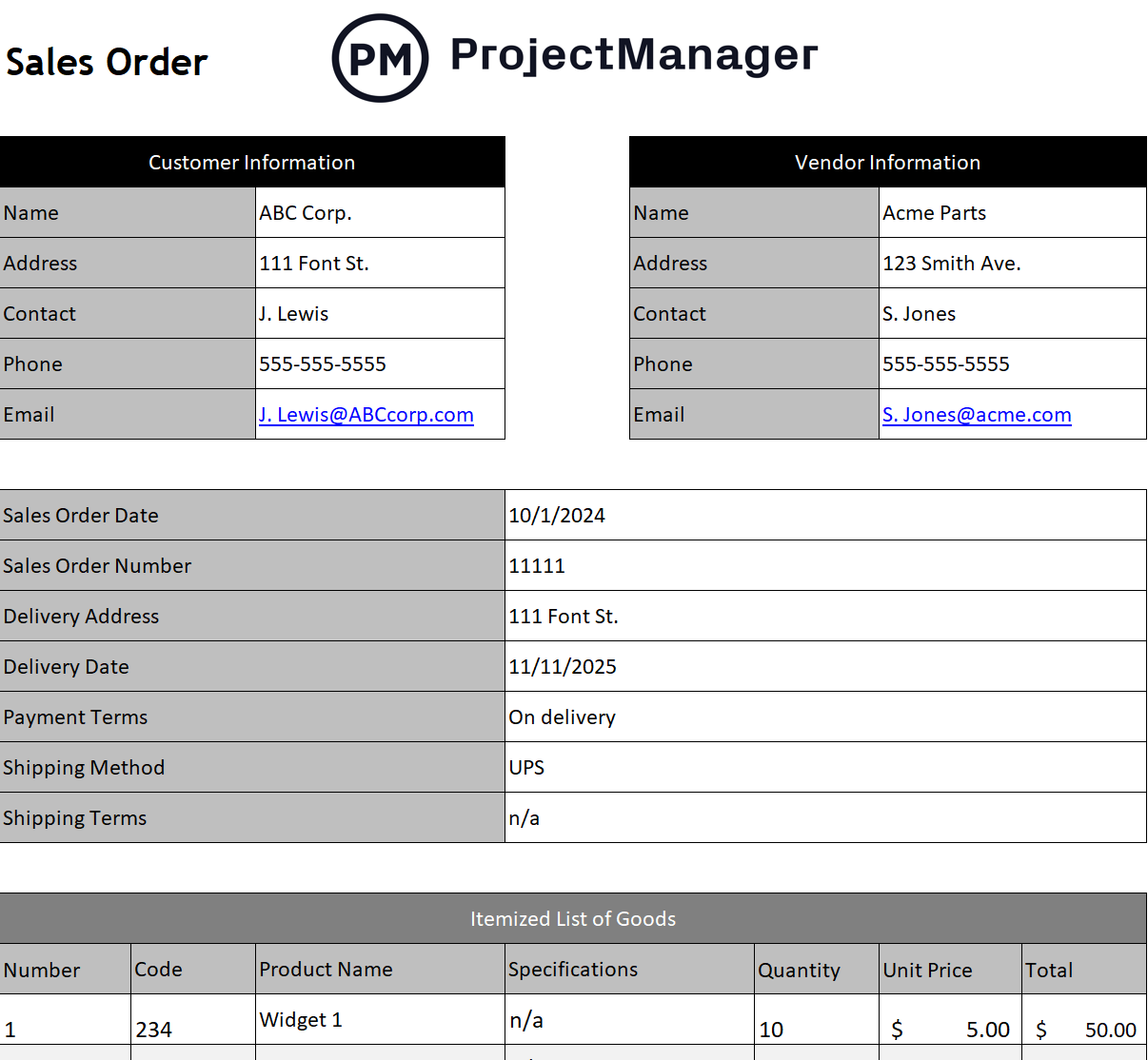 Sales Order Template For Excel Free Download 