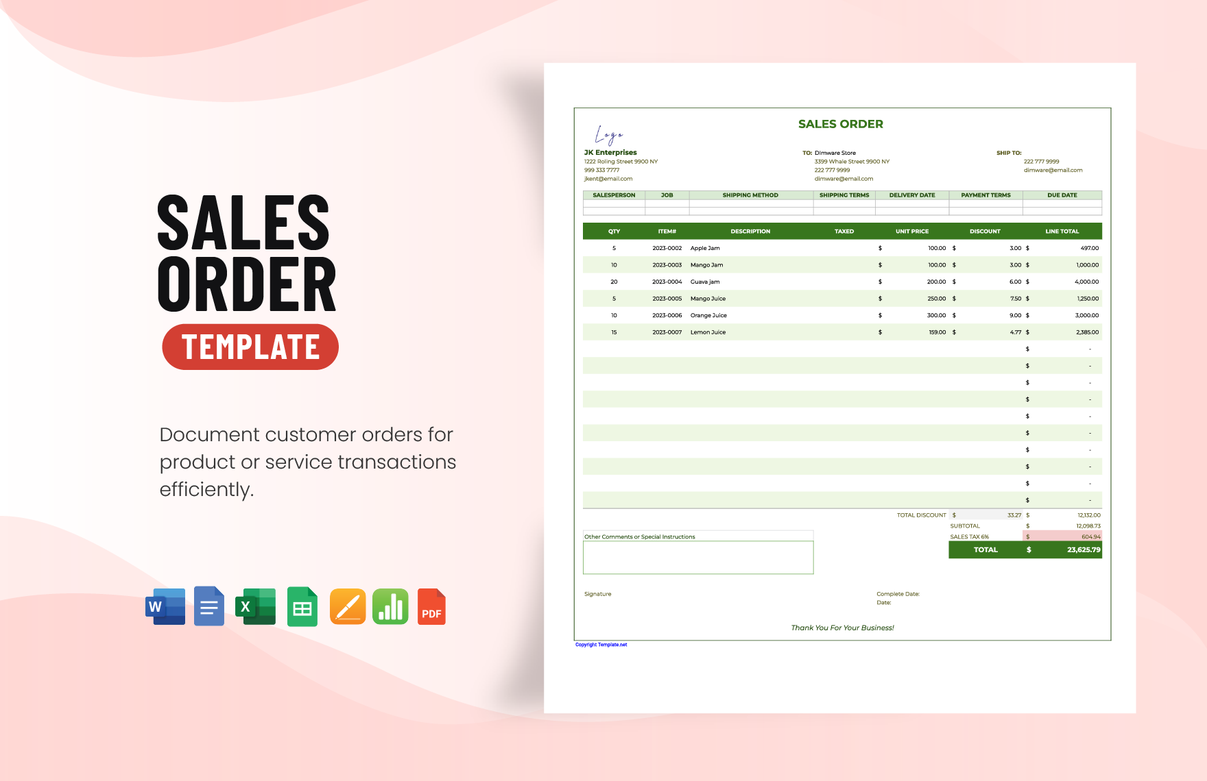 Sales Order Template In Word Apple Pages PDF Google Docs Excel Google Sheets Apple Numbers Download Template