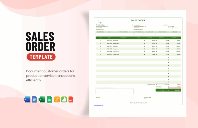 Sales Order Template In Word Apple Pages PDF Google Docs Excel Google Sheets Apple Numbers Download Template