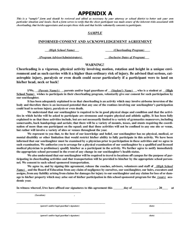 Sample Consent And Acknowledgement Agreement USA Cheer