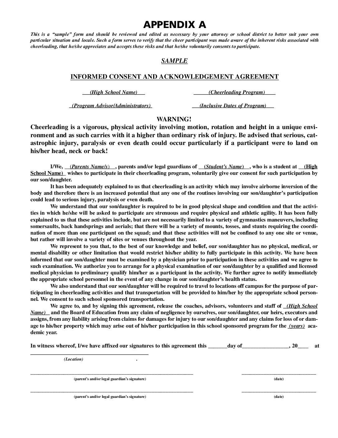 Sample Consent And Acknowledgement Agreement USA Cheer