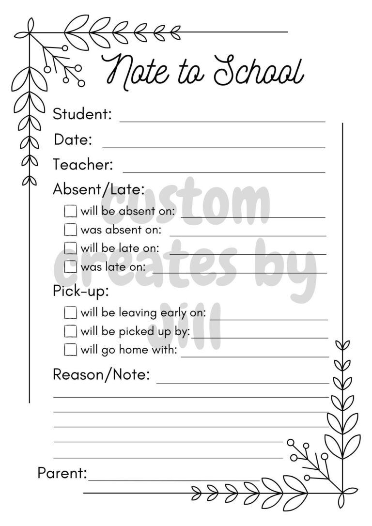 School Absent Late Note Digital File Printable Letter And Half Letter Sizes