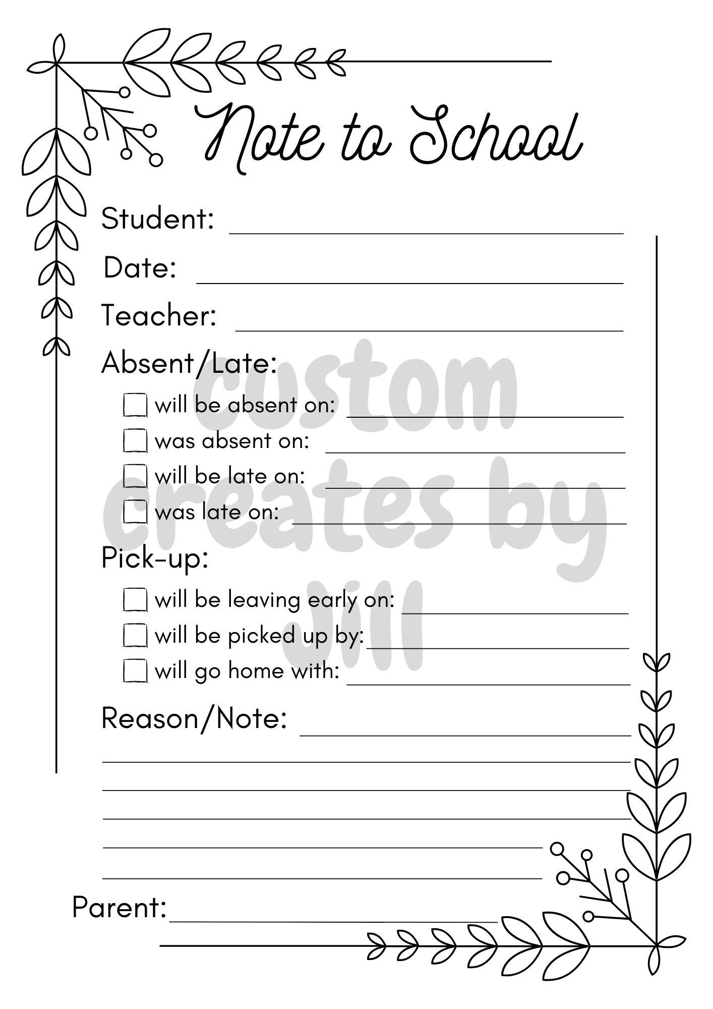 School Absent Late Note Digital File Printable Letter And Half Letter Sizes