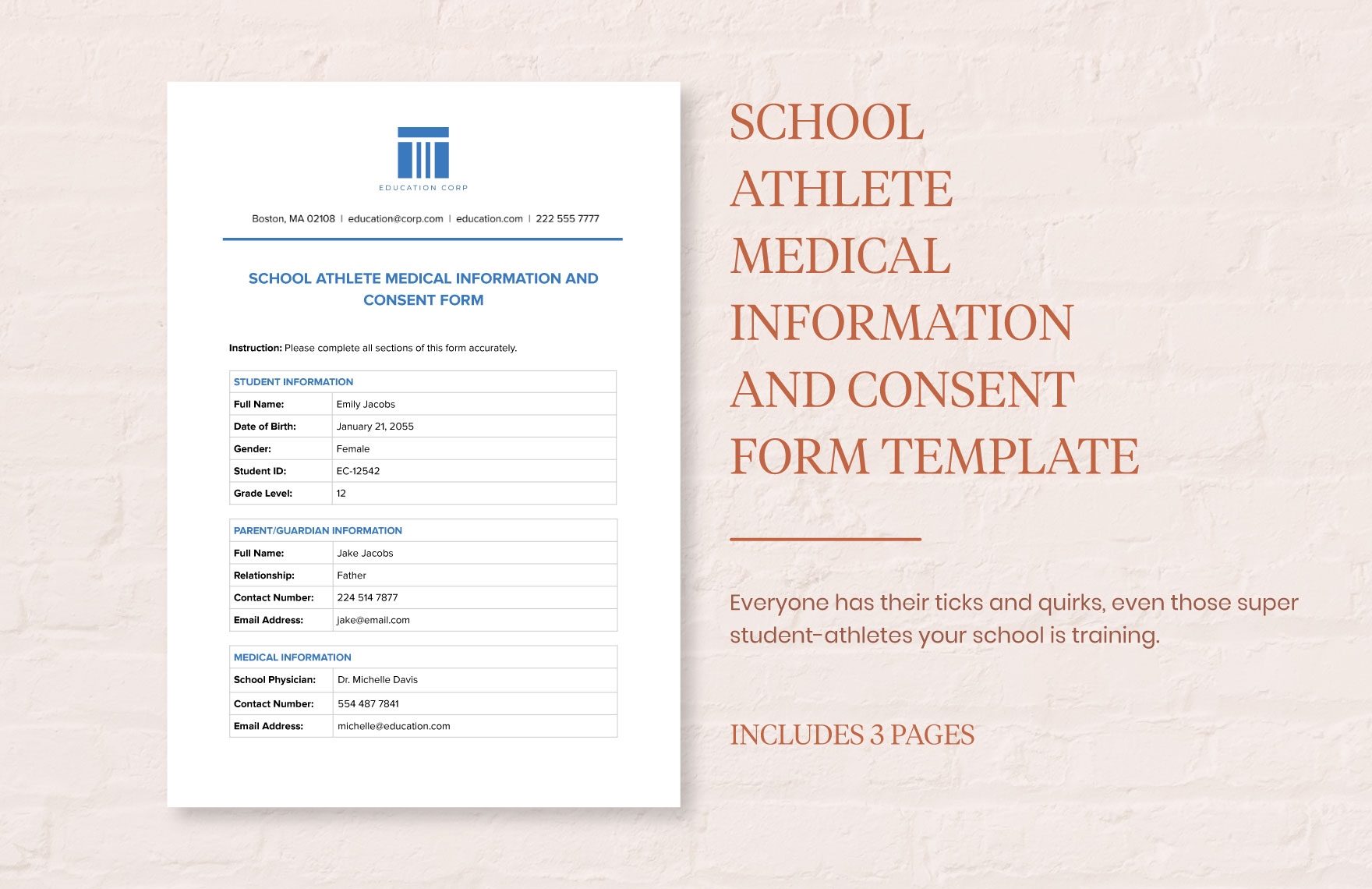 School Athlete Medical Information And Consent Form Template In 