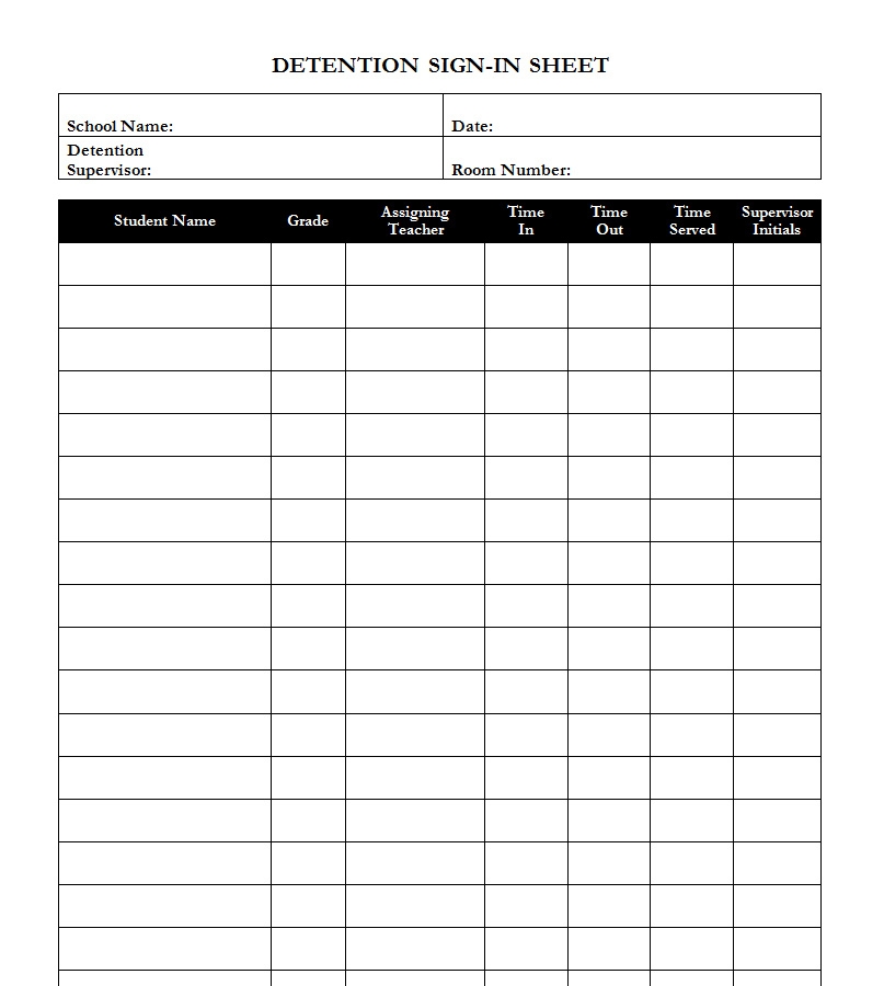 School Detention Sign in Sheet Template Haven