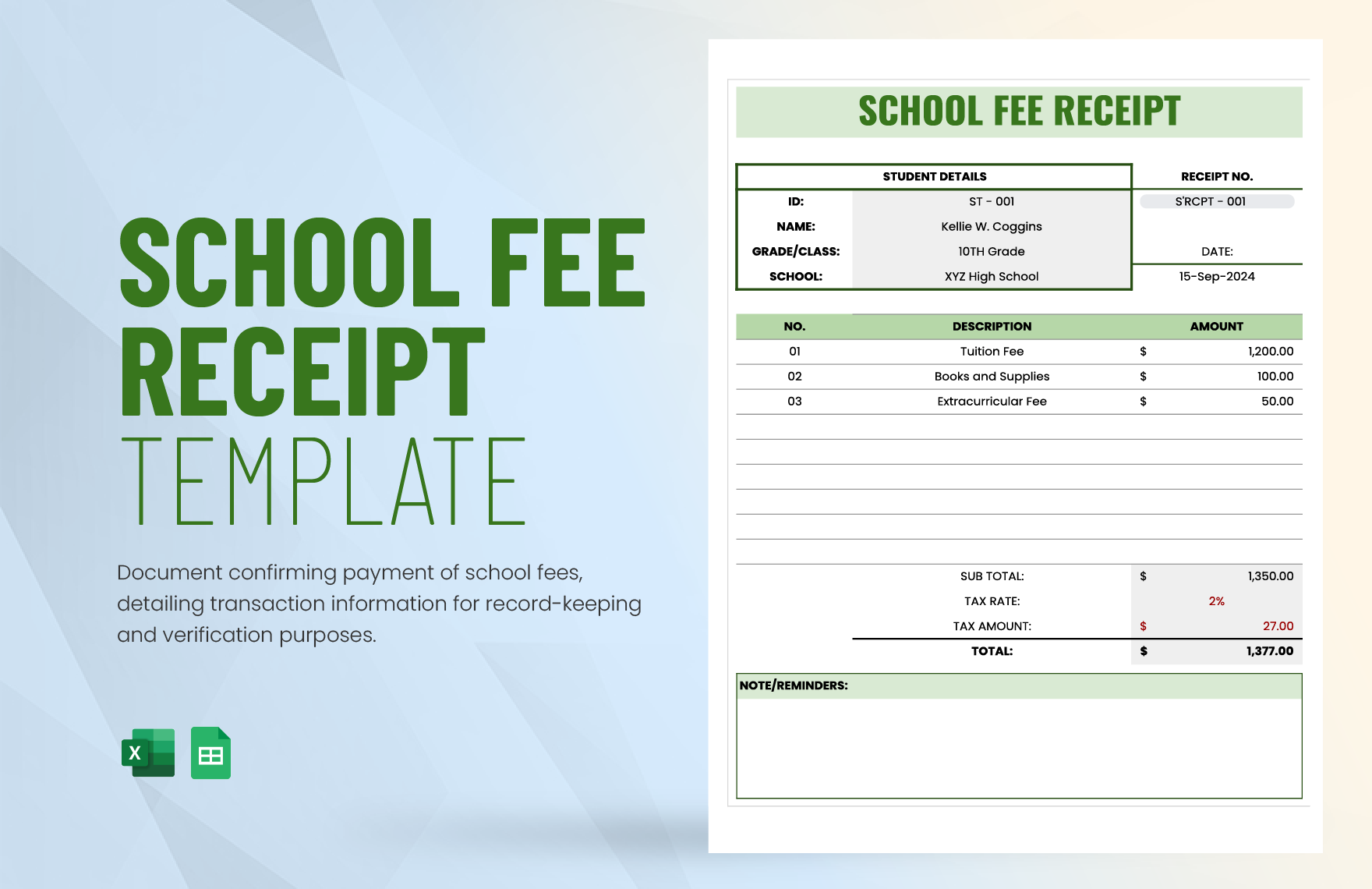 School Fee Receipt Template In Excel Google Sheets Download Template 