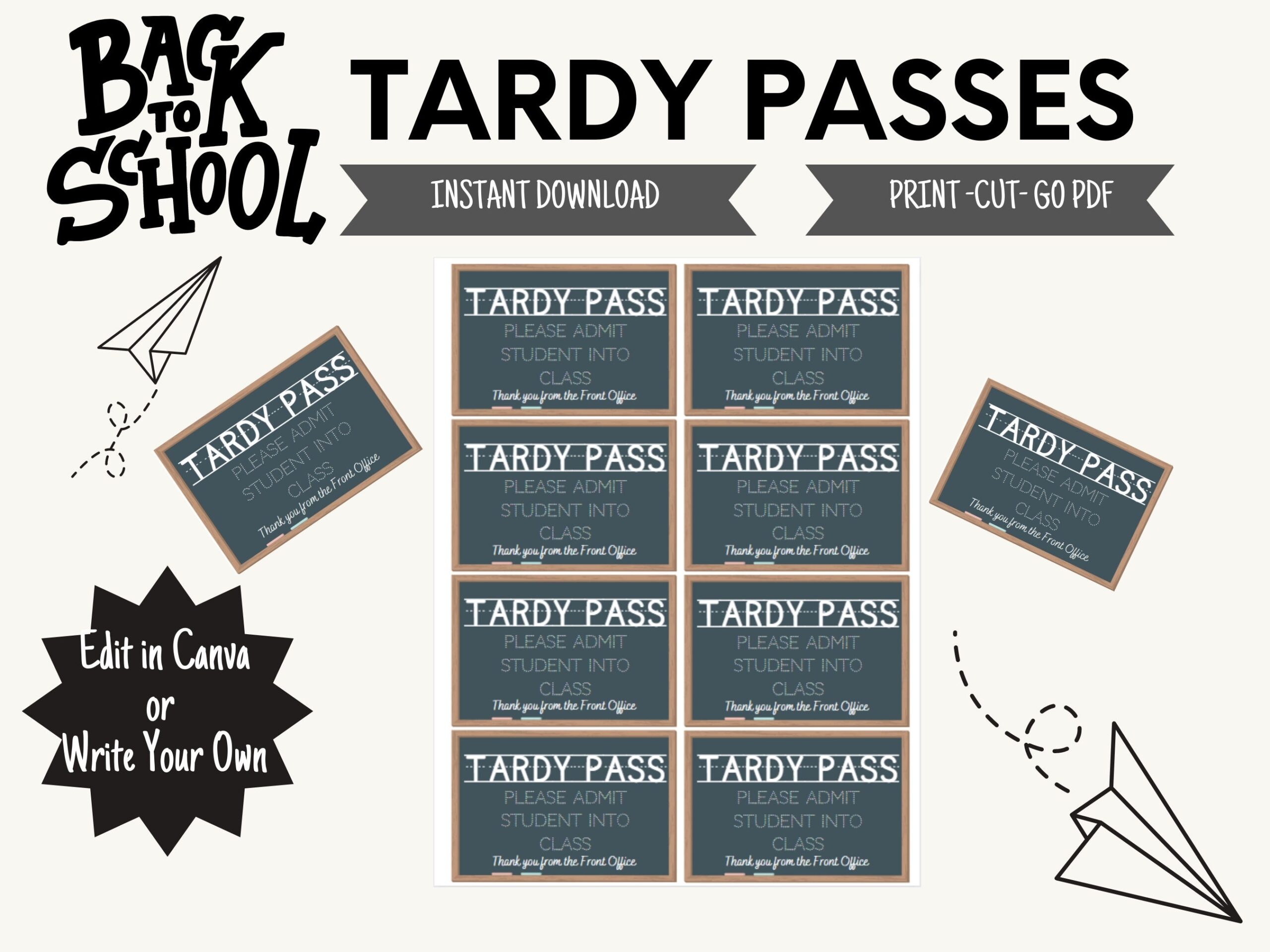 School Tardy Pass Printable Instant Download Late Pass Template Editable Tardy Pass Template Digital Download