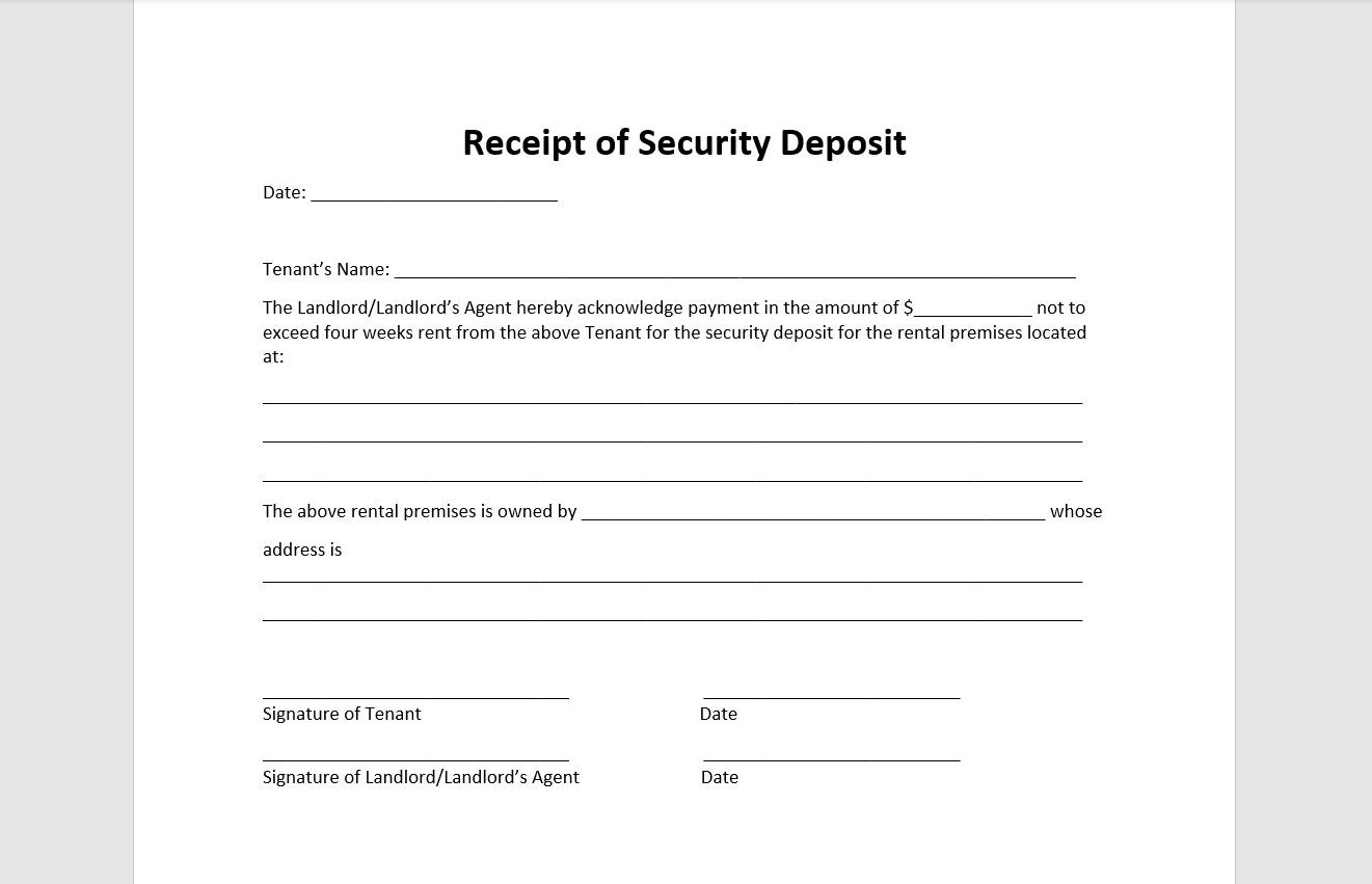 Security Deposit Receipt Form Template Security Deposit Receipt Form Security Deposit Receipt Template Simple Template Word Template