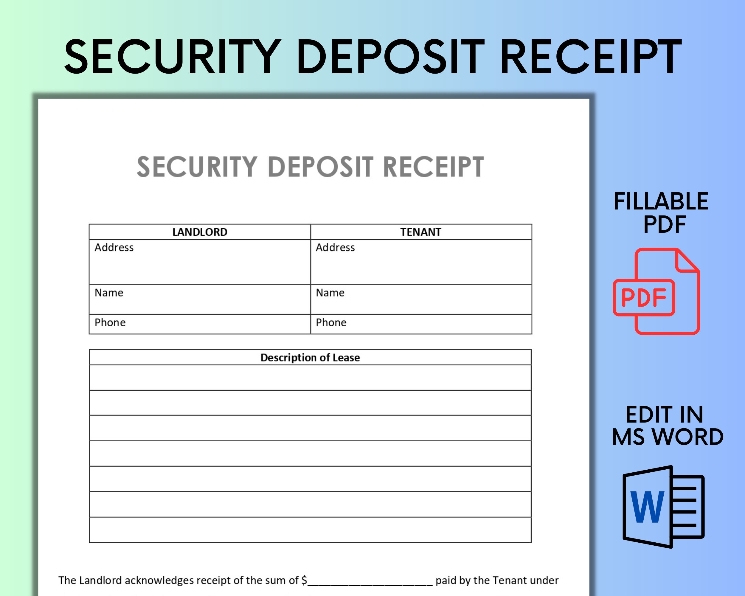 Security Deposit Receipt Tenant Receipt Deposit Payment Receipt MS Word Editable Property Management Receipt Receipt Checklist Etsy Ireland