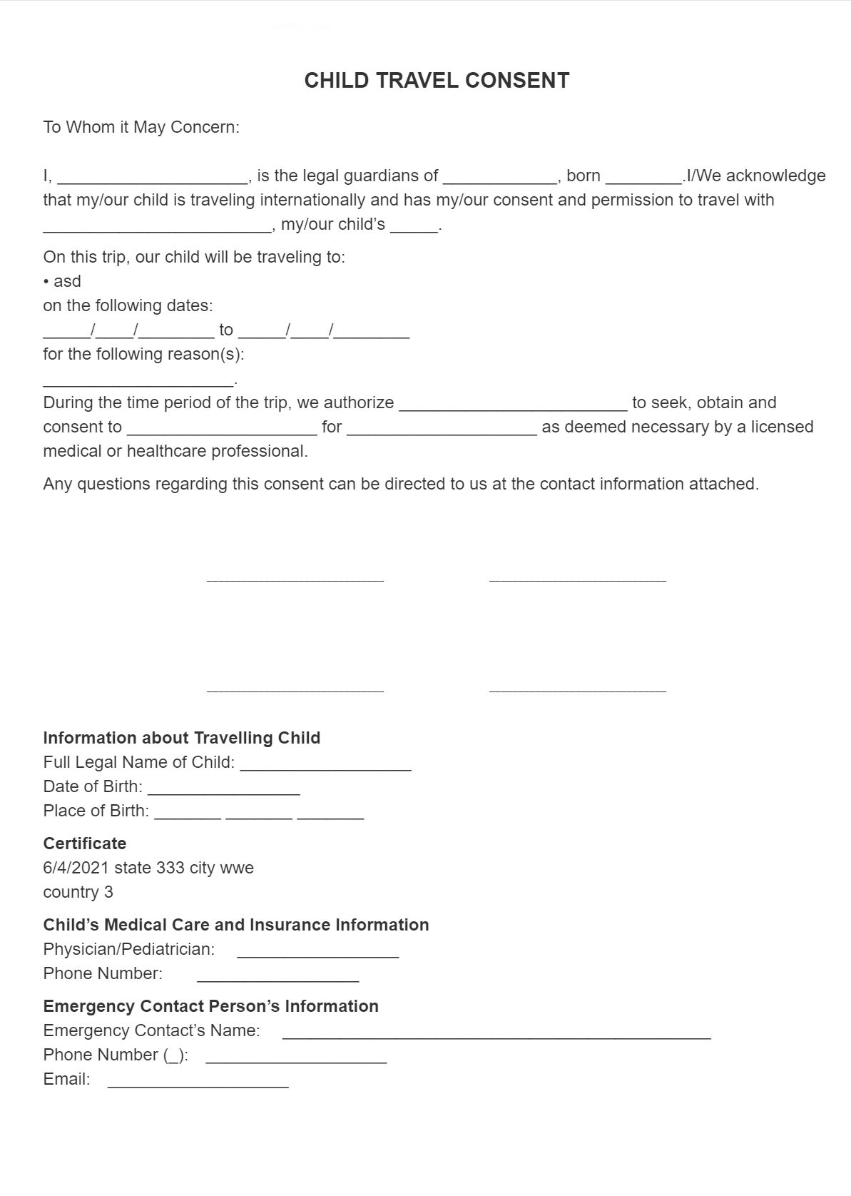 Permission Slip Template For Travel