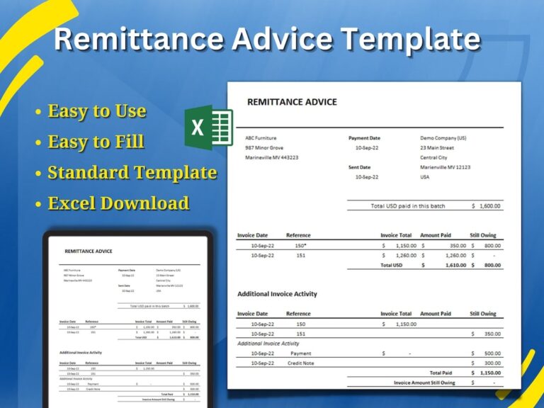 Standard Remittance Template Excel Download Reusable Template Etsy