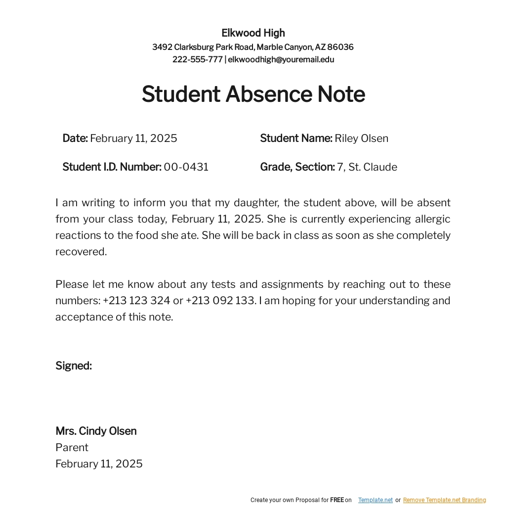 Student Absence Note Template In Word Google Docs Pages 