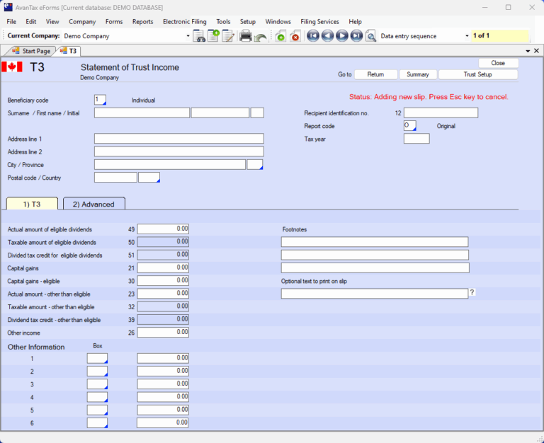 T3 Trust Information Return CRA AvanTax EForms