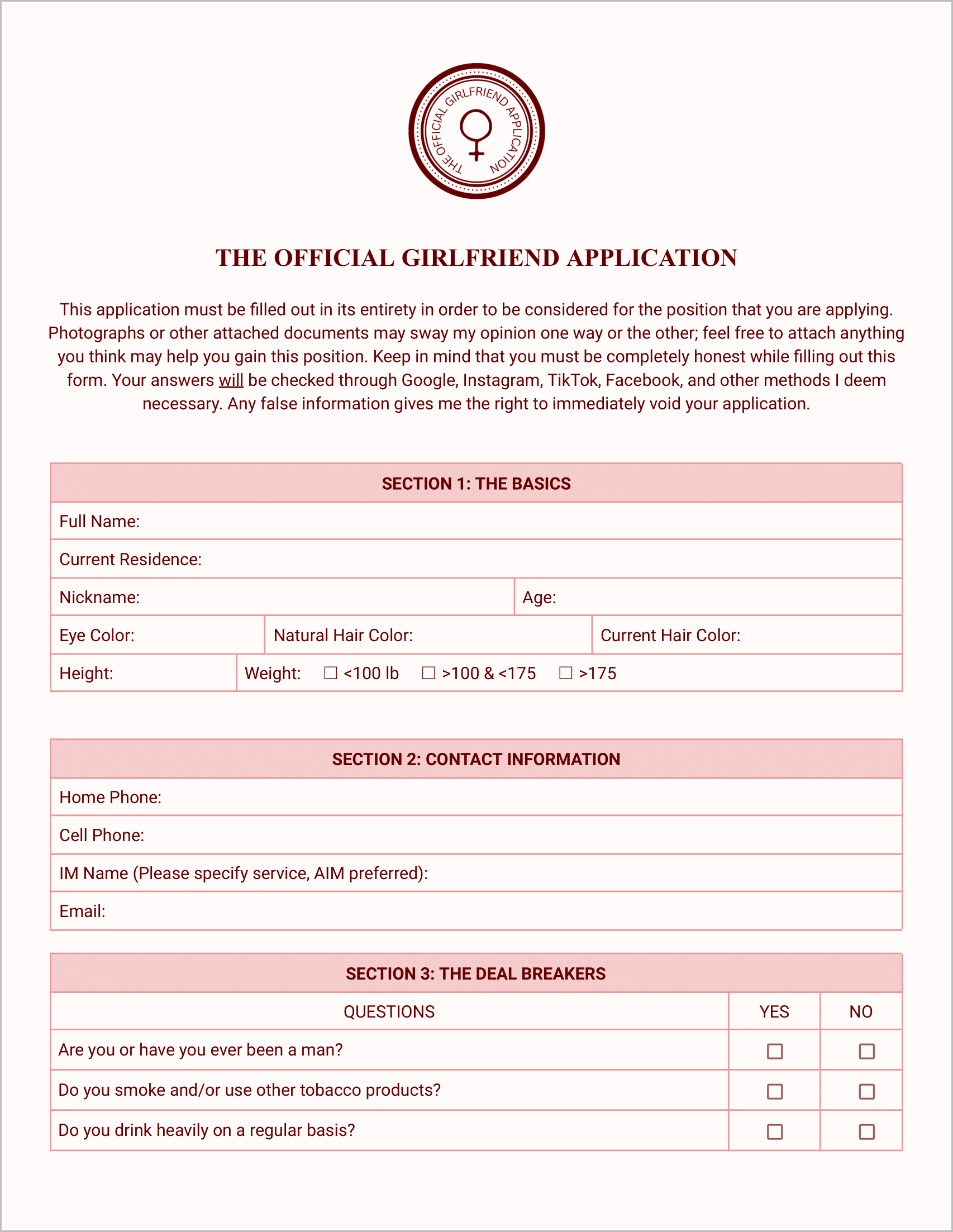 Girlfriend Permission Slip Template
