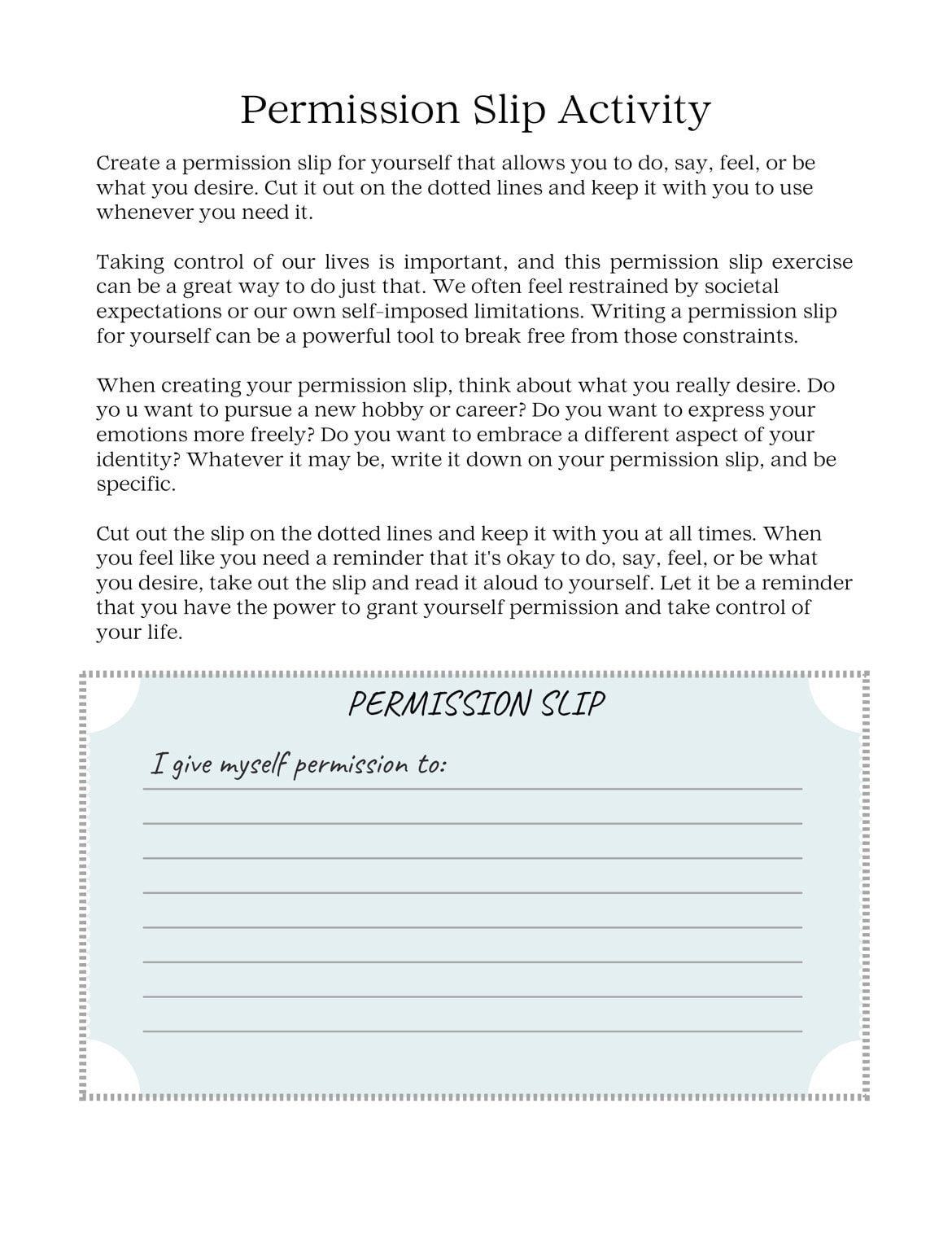 Therapy Permission Slip Activity Printable Mental Health Activity For Adults Teens Kids Instant Download PDF Etsy