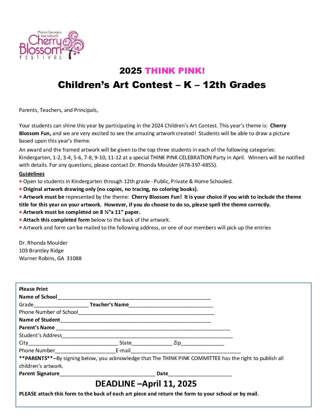 THINK PINK Student Art Contest Grades K 12 Cherry Blossom Festival