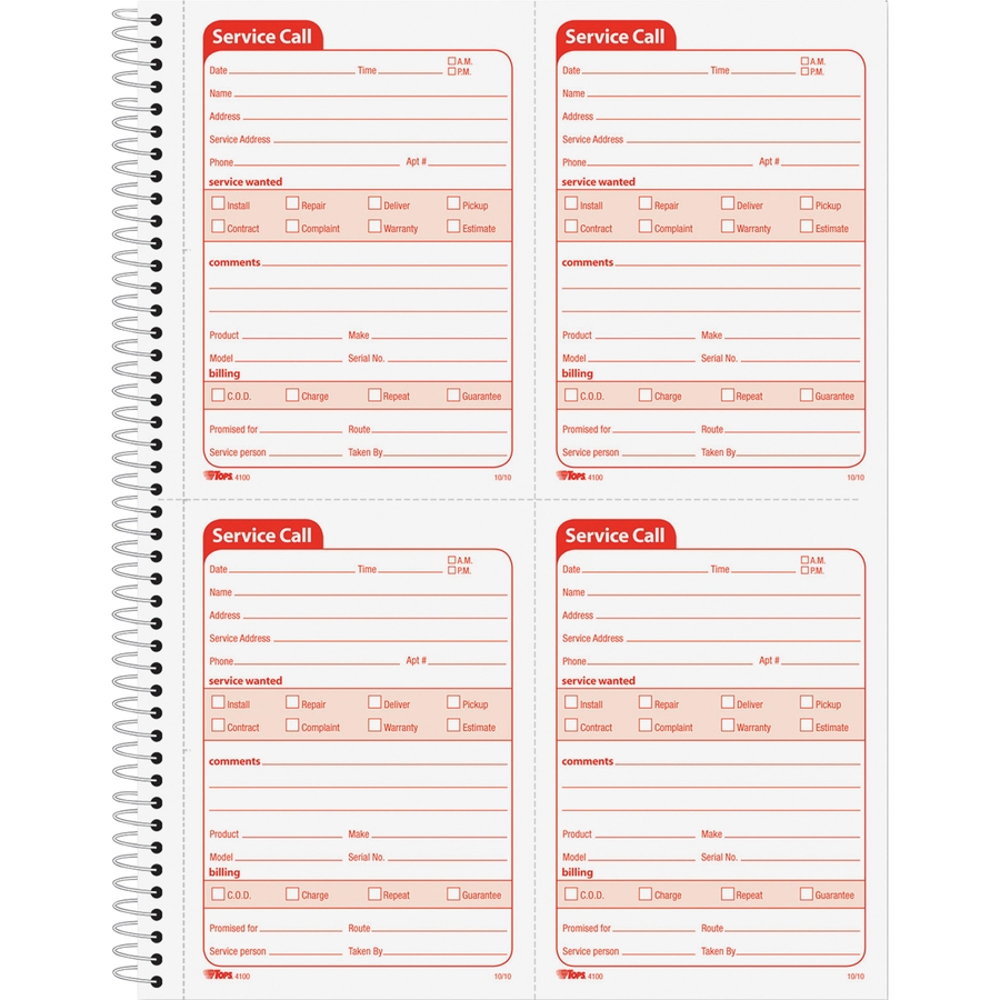 TOPS Service Call 2 part Spiral Message Slip Book