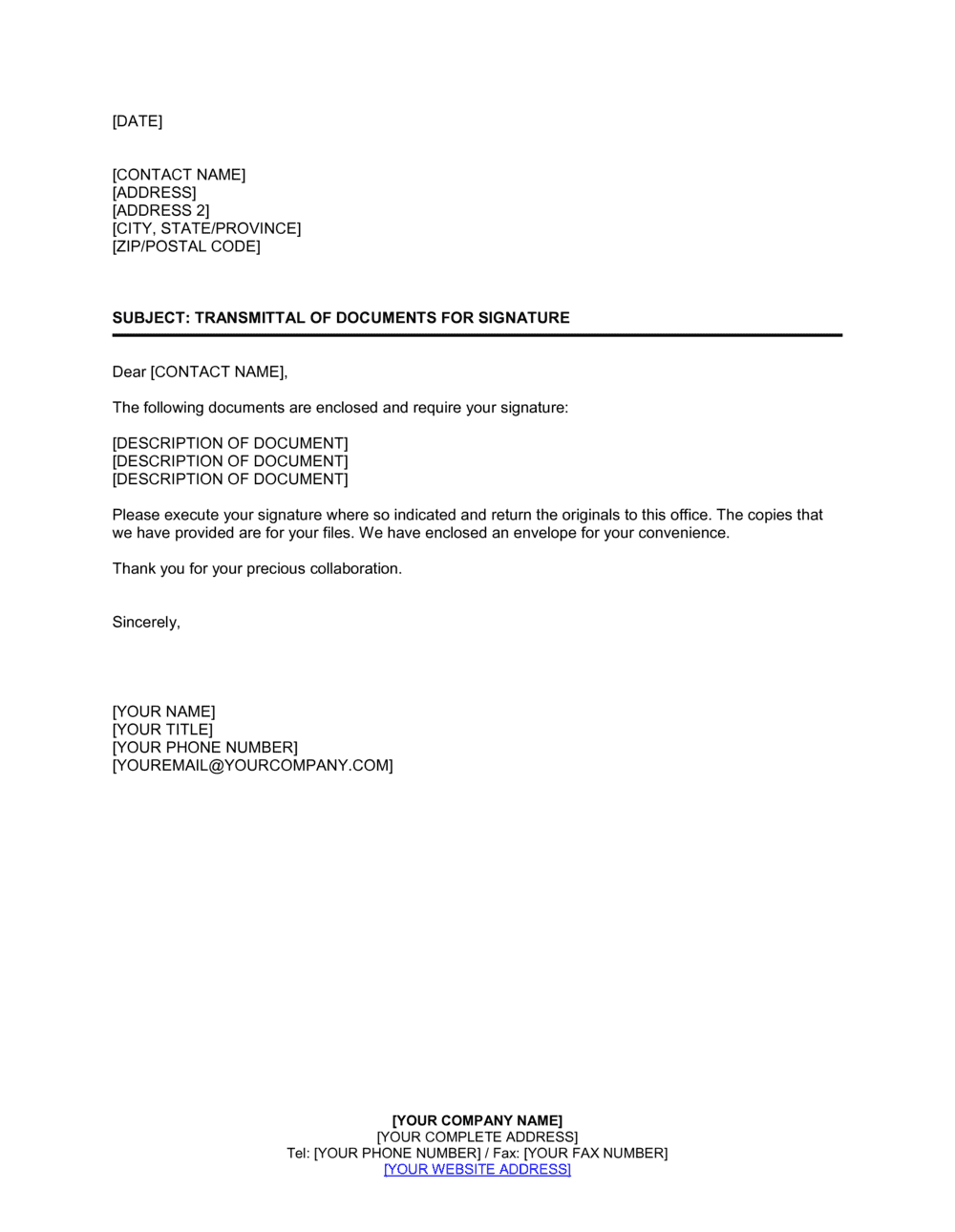 Transmittal Of Documents For Signature Template