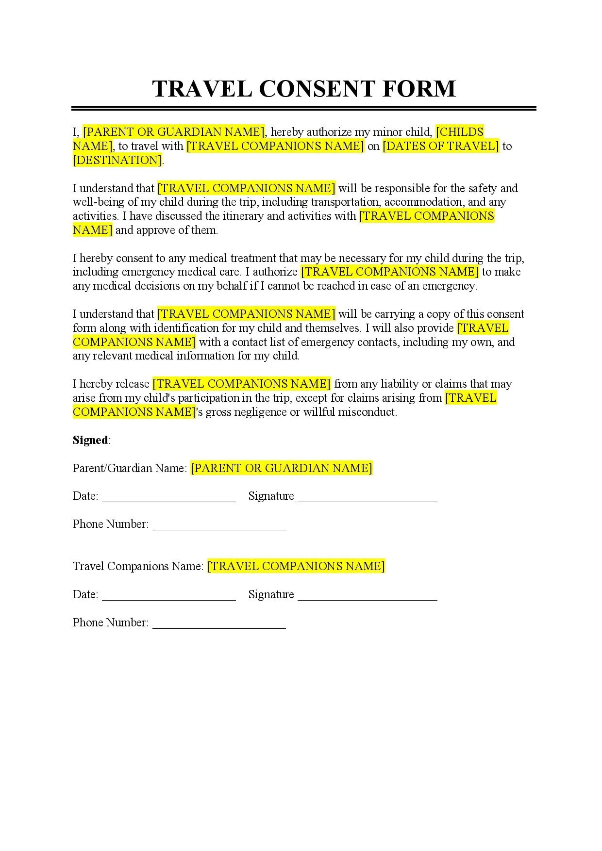 Travel Consent Form For Minors Template Free Download Easy 