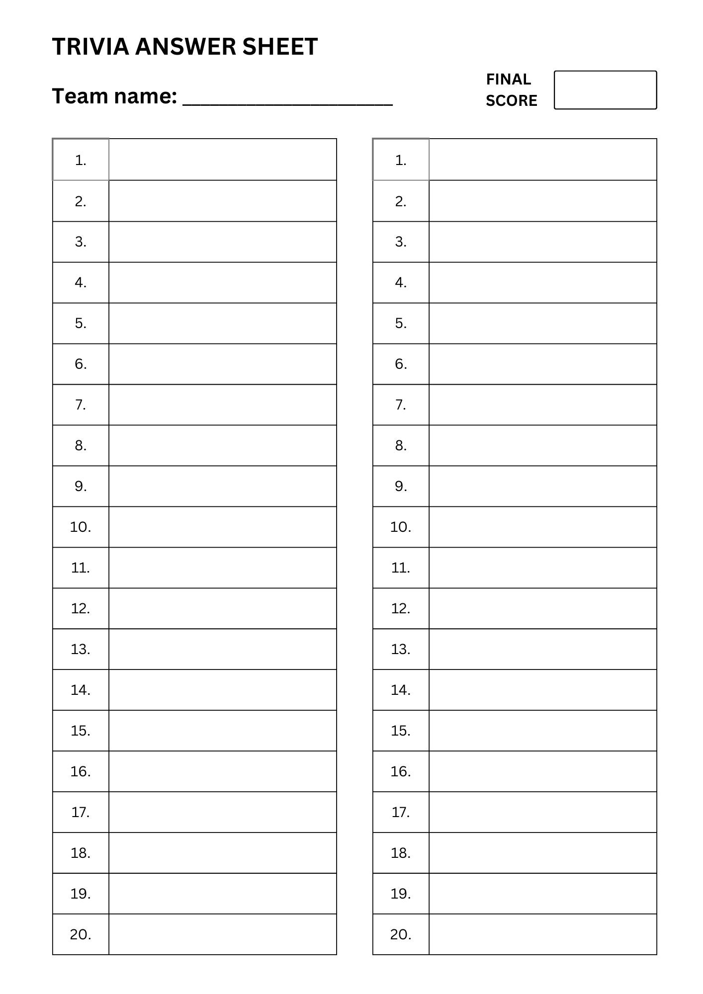 Trivia Answer Sheets Trivia Quiz Trivia Night Printable 