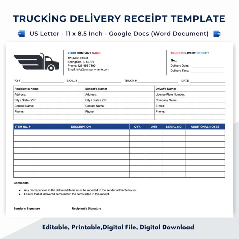 Trucking Delivery Receipt Google Docs word Document Etsy