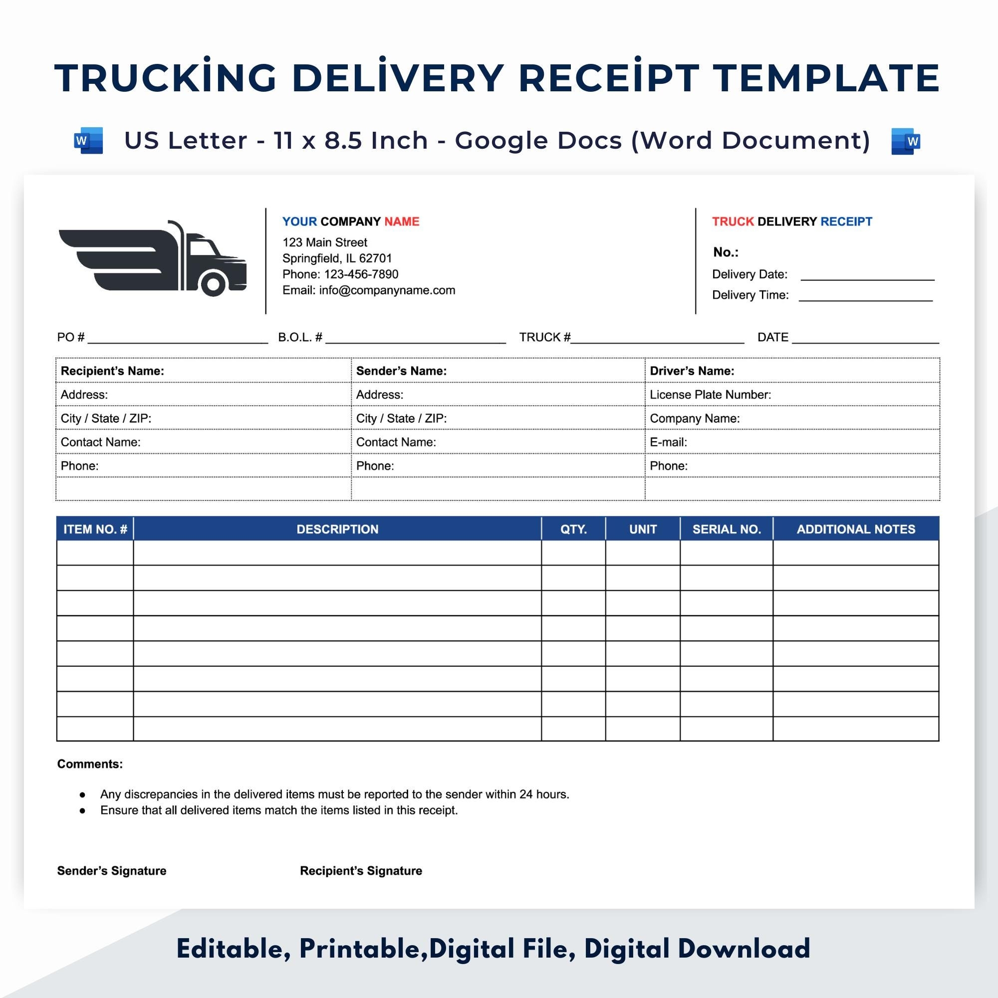 Trucking Delivery Receipt Google Docs word Document Etsy