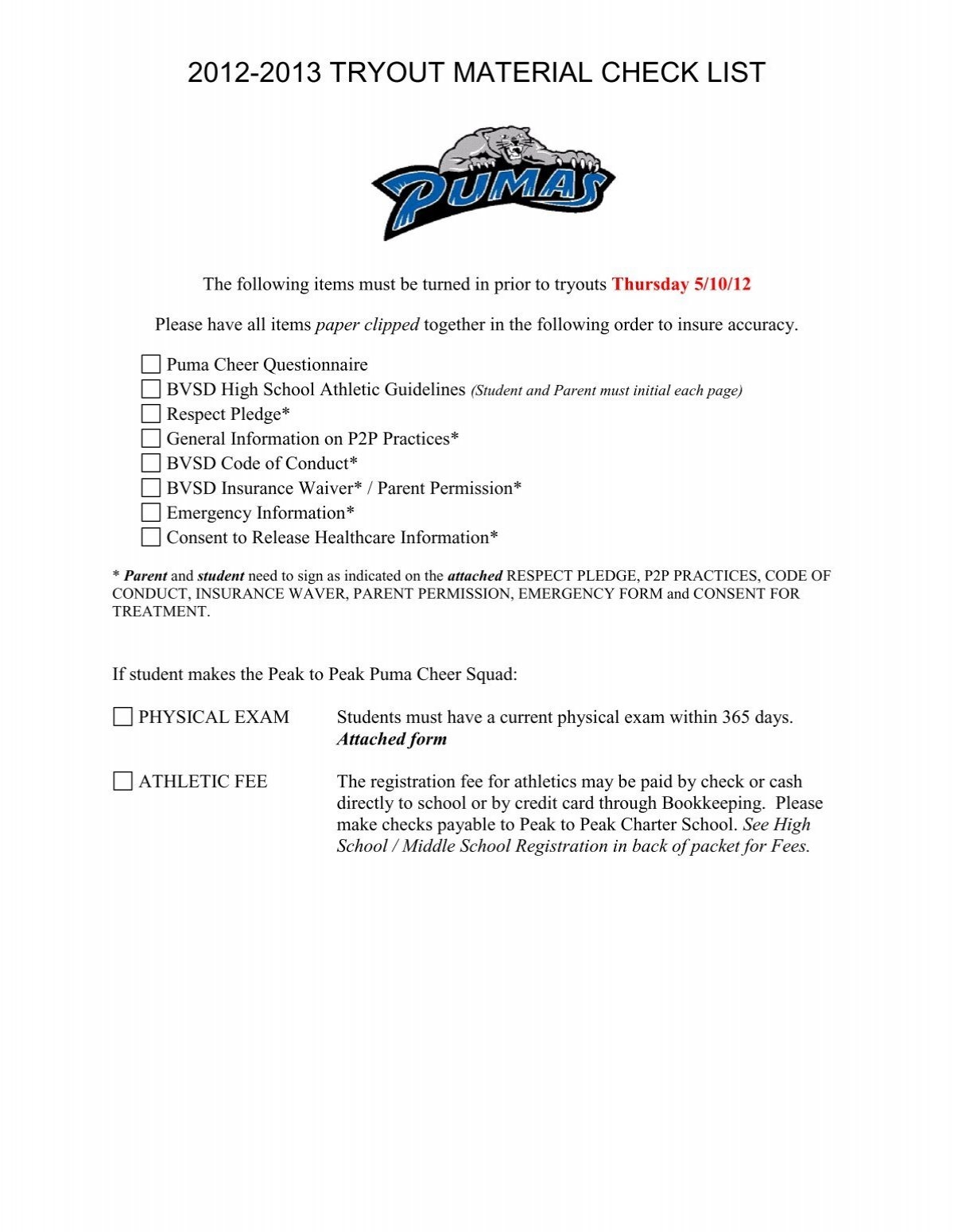 Cheerleading Permission Slip Template