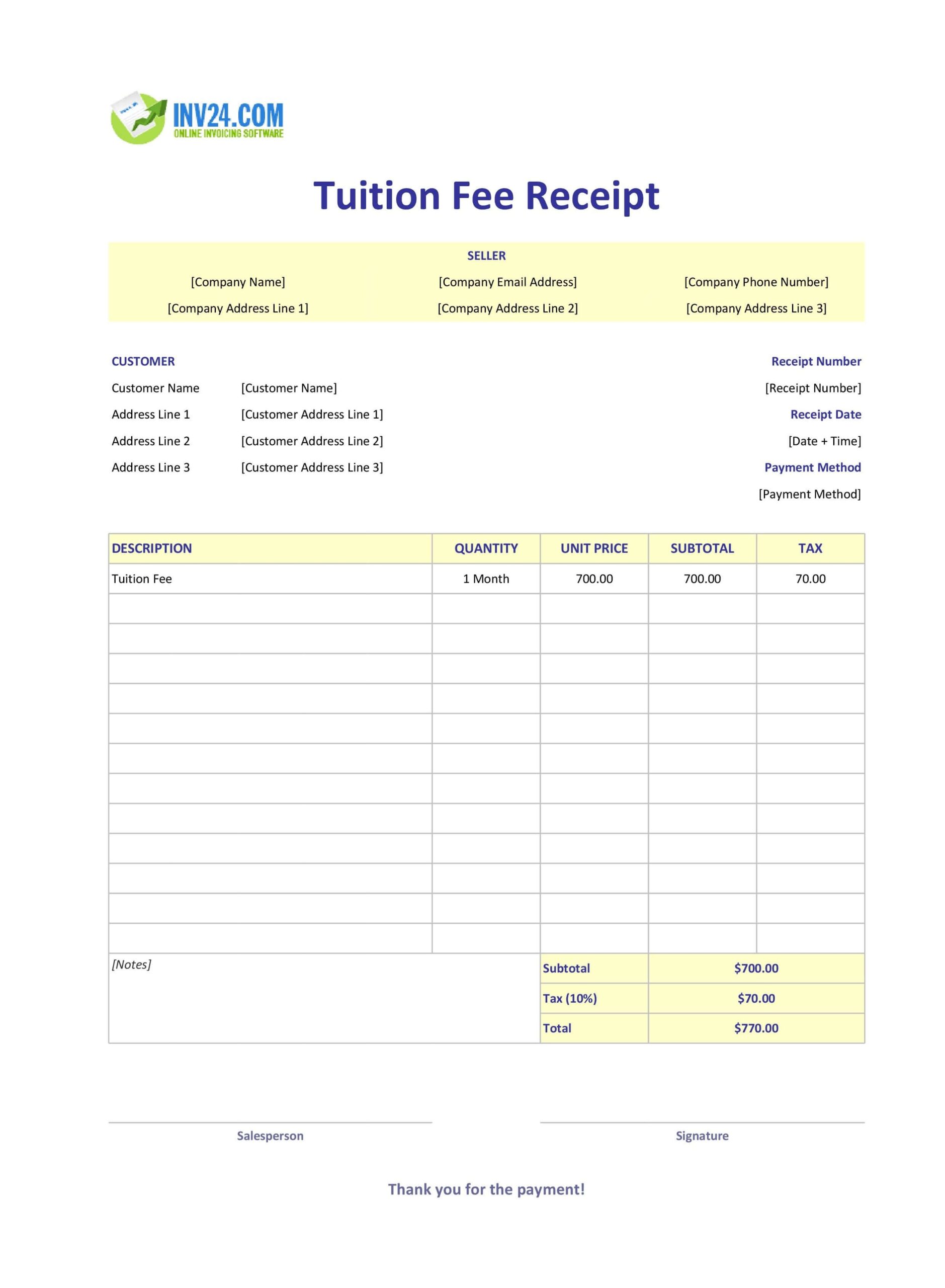 Tuition Fee Receipt Template Excel Google Sheets 