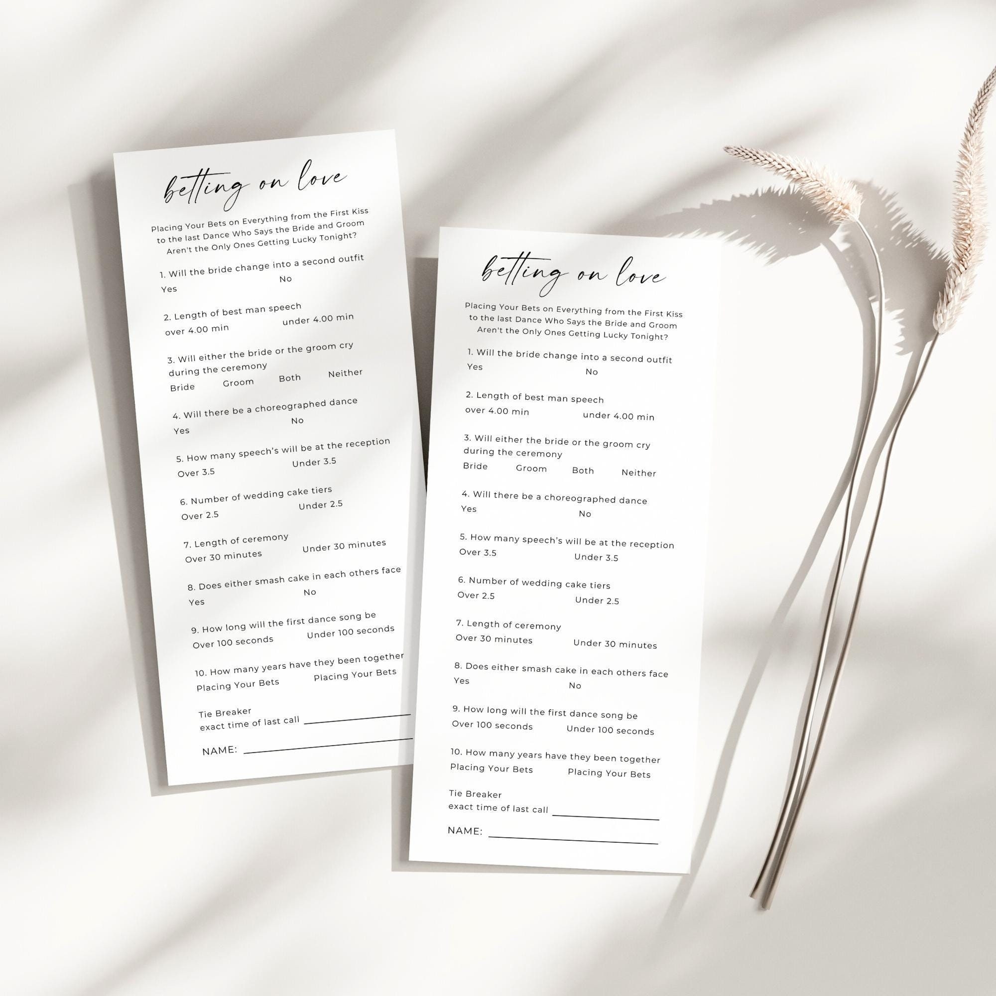 Wedding Prop Bet Sheet Wedding Place Your Bets Fun Reception