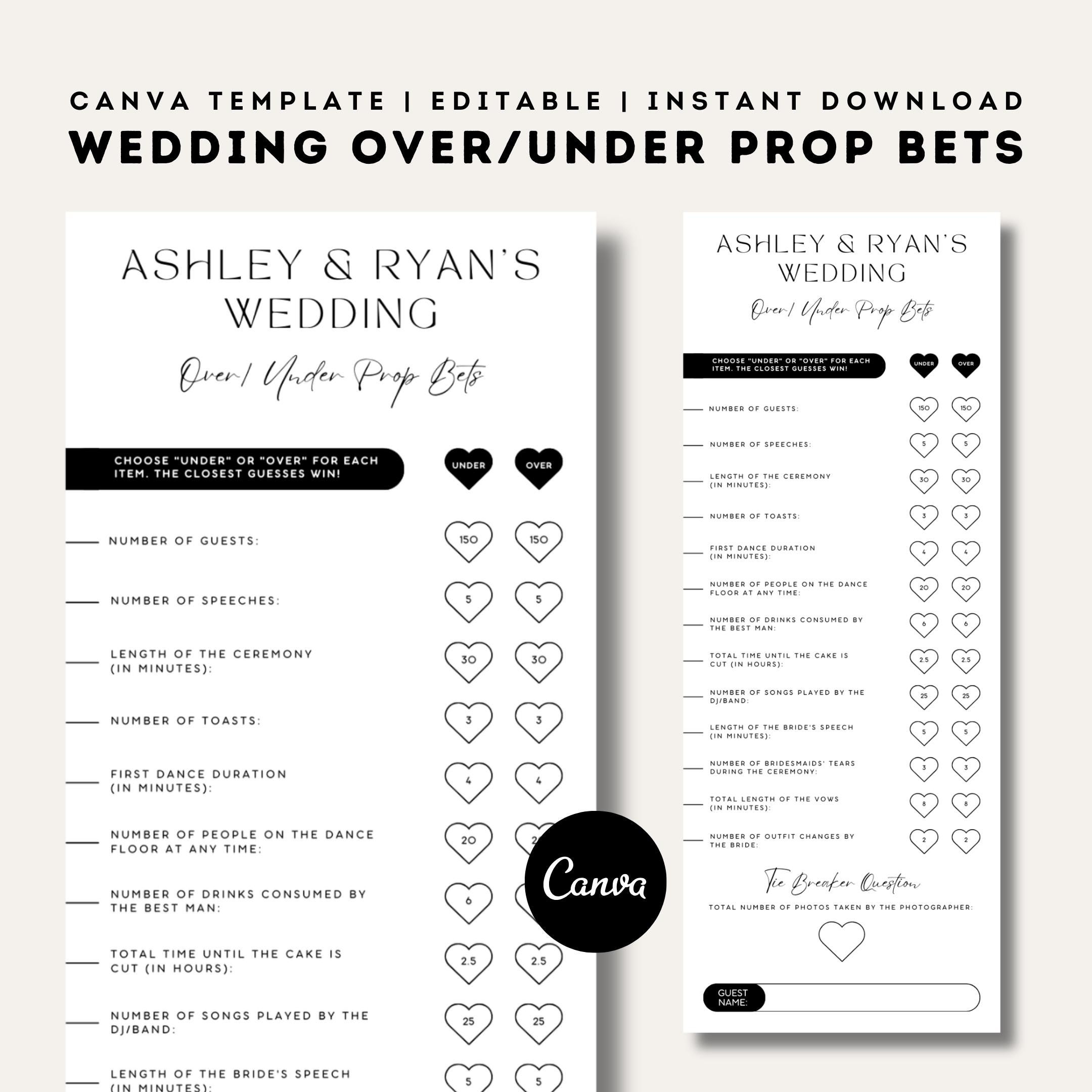 Wedding Prop Bets Over Under Betting Cards Cocktail Hour Games 