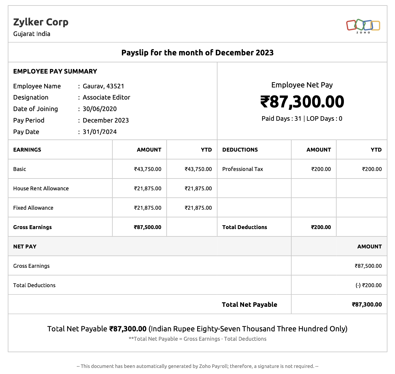 What Is Salary Slip Or Payslip Format U0026 Components Zoho Payroll