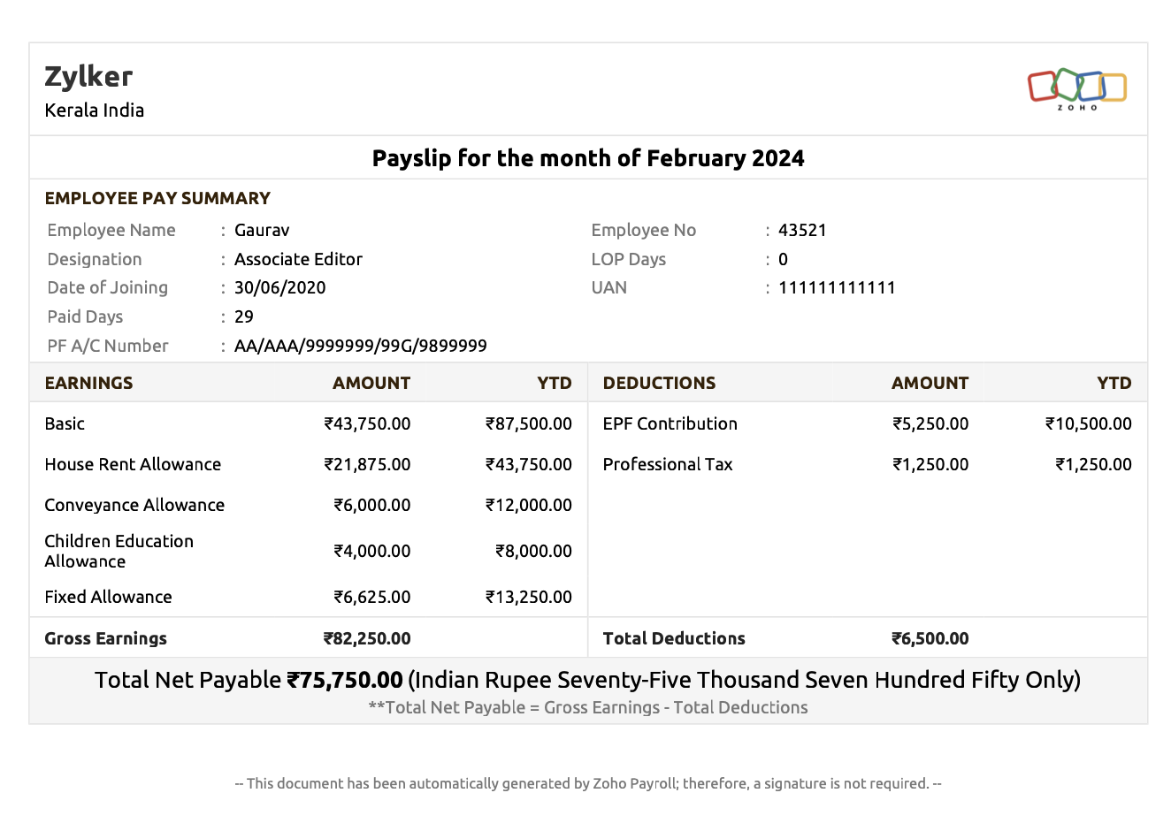 What Is Salary Slip Or Payslip Format U0026 Components Zoho Payroll