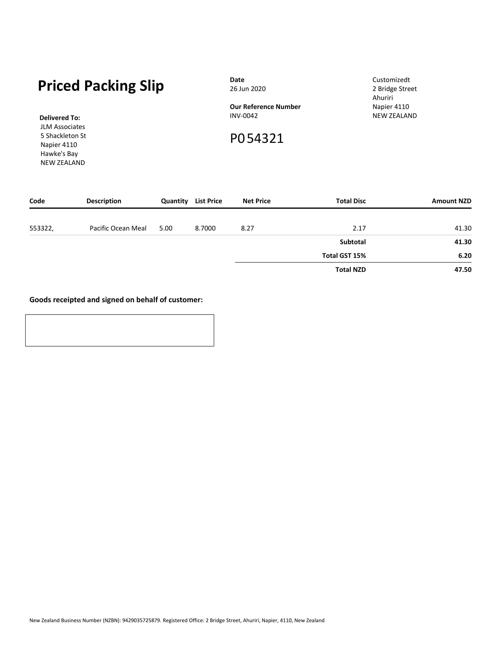 Xero Foodstuffs Priced Packing Slip No Charge To
