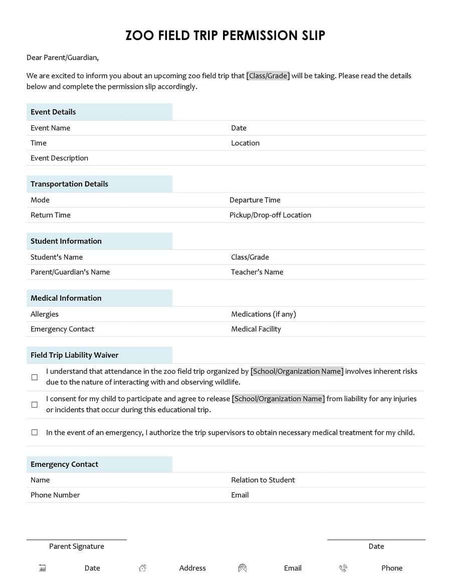 Zoo Field Trip Permission Slip Template WordLayouts
